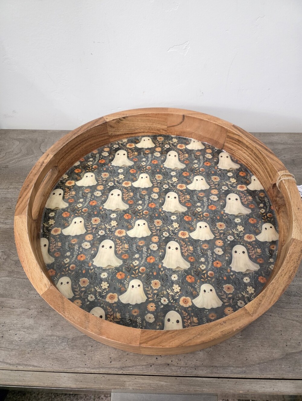 Viral Wooden Serving Tray with Harvest Halloween Ghost and Pumpkin Design